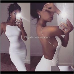 Party Dresses Womens Clothing Apparel Drop Delivery 2021 Sexy Bodycon Backless Dress With Slash Neck Sequin Chain Knee Length Colour Solid Bla