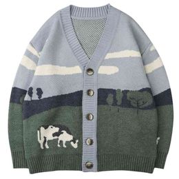 Oversize Streetwear Loose Cardigan Pullover Men Women Hip Hop Knitted Sweater Prairie Cow Pattern Harajuku 210812