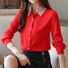 Autumn Women Blouses Office Lady Shirts Tops Solid Red Chiffon Cardigan Button Bottom 5977 50 210508