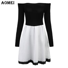 S 5XL White and Black Patchwork Colour Dress for Women Retro A Line Girl Casual Robe Femme Tunic Full Sleeve Slash Neck Dressses 210416