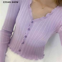Retro Striped Line Single-Breasted Buttons Long sleeve Sweater Women French Knitted Tight Cardigan Slim Cropped 210429
