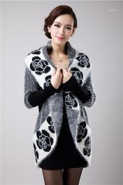 Wholesale- 2021 Autumn Women Korean Fashion Flowers Mohair Knit Shawl Cardigan Sweater Jacket Medium Long Sweaters 6