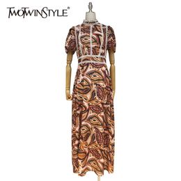 Vintage Patchwork Maxi Dress For Women Stand Collar Puff Sleeve High Waist Elegant Dresses Female Fashion 210520