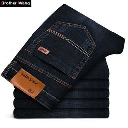 Brother Wang Men's Fashion Business Jeans Classic Style Casual Stretch Slim Jean Pants Male Brand Denim Trousers Black Blue 211111