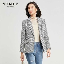 Vimly Women Blazers Autumn Spring Elegant Lapel Single Button Tweed Jacket Slim Business Casual Coat Female F3728 211122