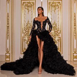 High Split Black Evening Dresses Sheer Long Sleeve Lace Beaded Prom Gowns Ruffles Sweep Train Party Second Reception Dress