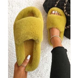 Women Faux Fur Slides ry Slippers Fluffy Flip Flops Slip on Flats Cute Ladies House Plush Home Cosy Warm Shoes 211110