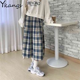Vintage Spring pleated plaid Skirt harajuku Women High waist Long skirt Korean Fashion Autumn clothing Students Midi faldas 210421