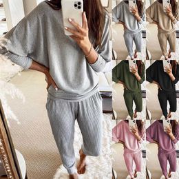Spring Autumn Tracksuit Women Two Piece Set Solid Batwing Sleeve Sweatshirt Top and Pants Sweat Suits Female Lounge Wear Outfits Y0625