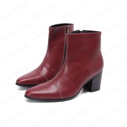Classic Wine Red Leather Boots for Men Large Size High Heel Pointed Toe Man Ankle Boots Business Party Short Boots