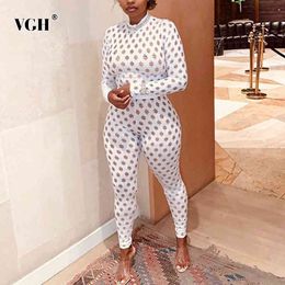 VGH Sexy Skinny Jumpsuits For Women Stand Collar Long Sleeve Hollow Out Plus Size Casual Full Length Pants Female Fashion 210421