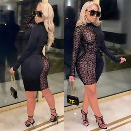 Geometric Patchwork Sheer Mesh Bodycon Dress Woman Mock Neck Long Sleeve Night Club Party See Through High Waist Dresses Outfits Casual