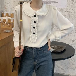 White Retro Peter Pan Collar Women Brief Blouses Sweet Streetwear Office Lady Chic All Match Cute Shirts Fashion 210421