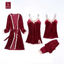 SLPBELY 4Pcs Robe Set Women Pajamas Pleuche Lace Winter Autumn Sexy Long Sleeve Female Nightwear Sleepwear Home Wear Suit Q0706