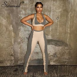 Simenual Sporty Patchwork Tank Top And Pants Sets For Women Workout Active Wear Ribbed Summer Two Piece Outfits Casual Fashion Y0625