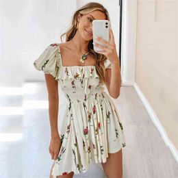 Foridol Vintage Women Summer Boho Dress Casual A Line Beach Short Dresses White Mini Sundress Square Collar Retro Dress 210415