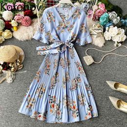 Korobov Boho Beach Style Women Chiffon Dress Korean Chic Sweet Print Female Dresses Flare Sleeve V Neck Lacing Summer Vestidos 210430