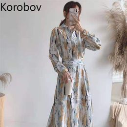 Korobov Spring Summer New Women Dress Korean Hit Color Striped Sashes Slim Vestidos Mujer Office Lady Long Sleeve Dresses 210430