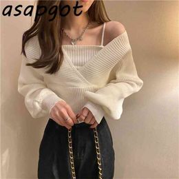 Temperament Solid Slim Autumn Short V Neck White Knitted Tops Bottom Fake Two Pieces Pullovers Sweaters Lady Fashion Chic Korea 210720