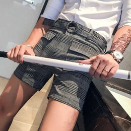 Summer Korean Fashion Shorts Men Casual Slim Fit Plaid Pants Belt Decoration Streetwear Business Dress Shorts Men Clothing 210527