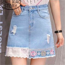 Fashion Woman Skirts Summer High Wait A Line Mini White Blue Denim Elegant Lace Embroidery Women Skirt 2181 50 210415