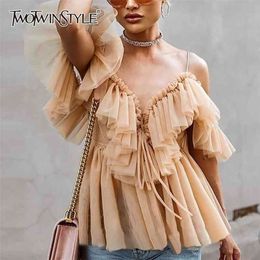 TWOTWINSTYLE Elegant T Shirt For Women V Neck Off Shoulder Tunic Mesh Bandage Tops Female Fashion Summer Clothes 210623