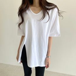 Korea wild candy color O neck pullover T-shirts for womens loose casual mid-length split short-sleeved T-shirt women tops tee 210514