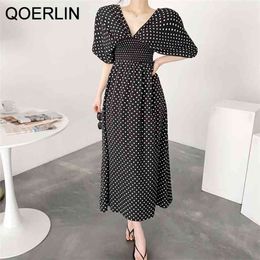 Polka Dot Black Dress Women Summer Fashion Back Lace-Up Elastic Waist Long Maxi Lady Chic V Neck High 210601