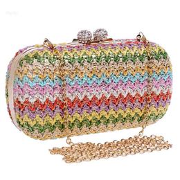Women Straw Evening Bag Multi-color Woven Clutch Cross-body Rhinestone Lock Wallet Purse for Wedding Party Bridal New