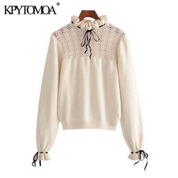 Women Fashion With Bows Hollow Out Knitted Sweater High Neck Long Sleeve Female Pullovers Chic Tops 210420