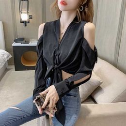 Make black shoulder the niche v-neck shirt female autumn design feeling long-sleeved chiffon unlined upper garment with wais 210604