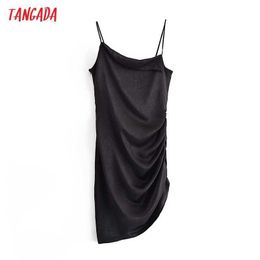 Tangada Women Solid Black Pleated Satin Dress Strap Sleeveless Side Zipper Korean Fashion Lady Sexy Dresses Vestido 3W162 210609