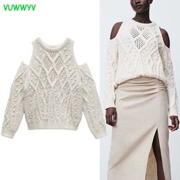 Spring White Appliques Cut Out Knitted Sweater Women Elegant Off Shoulder Sweaters Woman Long Sleeve Ribbed Trim Pullover 210430