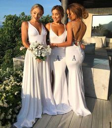 Bridesmaid Dress White Stain 2021 Simple Sexy Birdesmaid Dresses Spaghetti Strap Open Back Long African Evening Prom Gowns