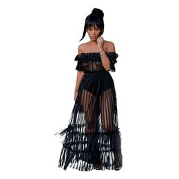 white mesh maxi dress UK - Night Clubwear Sexy Thin Long Tulle Dress See Through Mesh Bare Shoulder Perspective Female Transparent Maxi Dresses Black White 210416