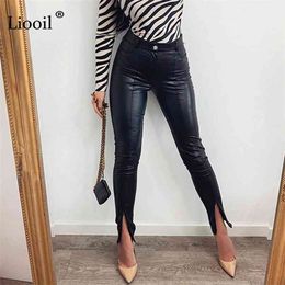 Liooil Black Brown Faux PU Leather Slit Pencil Pants Women Slacks Streetwear Mid Waist Trousers Sexy Skinny Long 210915