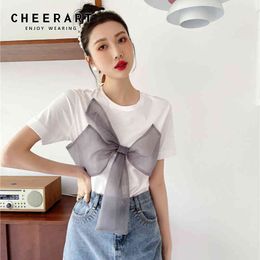 Bow T Shirt Women Summer Tops White Crewneck Short Sleeve Tees Korean Fashion Designer Tshirt Kawaii Clothes 210427