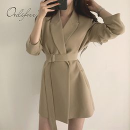 Autumn Women Blazer Suit Jacket Coat Casual Outwear Office Lady Belted Khaki Long Blazers 210415