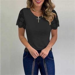 Sexy Lace Patchwork Women T Shirt Summer 2020 Female Short Sleeve Slim White Black Tee Tops 5XL Plus Size Casual T Shirt Clothes Y0629