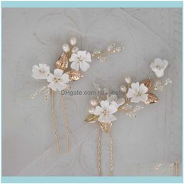 Jewelrygold Leaf Pins Bridal Clips Porcelain Flower Wedding Headpiece Handmade Women Hair Aessories Pearls Jewelry Drop Delivery 2021 Gmnih