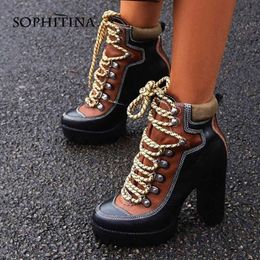 SOPHITINA Waterproof Platform Ankle Boots Fashion Mixed Colours Lace-up Square Heel Shoes Women Lady Worker Black Brown Boots H3 210513