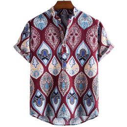 Print Mens Shirt Short Sleeve Shirts Men Loose Casual Hawaiian Camisas Stand Collar Flower Ethnic Style Chemise Homme 210524