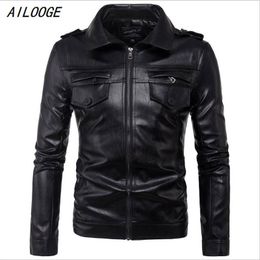 Men's Fur & Faux AILOOGE Size M-5XL Hat Detachable Men Motorcycle Black PU Leather Coat Hooded Slim Fit Jackets Coats