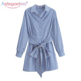 Aelegantmis Vintage Striped Shirt Dress Women Sashes Korean Office Lady Mini Solid Casual Loose A Line Vestido Mujer 210607