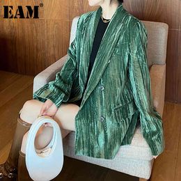 [EAM] Women Green Big Size Pleated Blazer Lapel Long Sleeve Loose Fit Jacket Fashion Spring Autumn 1DD6441 21512