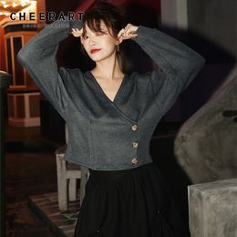 Vintage Grey V Neck Blouse Women Long Sleeve Crop Top Batwing Knitted Ladies Kintwear Autumn Spring 210427