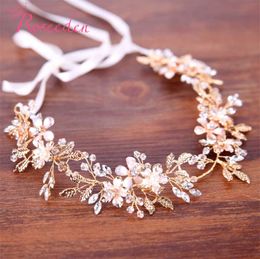 Gold Floral Crystal Bridal Wedding Head Piece Bride Headwear Headband Hair Band 100%Handmade Women Party Hair Accessories RE3033 X0625