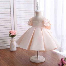 Yoliyolei Satin Kids Dresses for girl Bowknot Short Sleeves Elegant 2-5 Years Baby Girls Clothes Hollow Out Gown Children Dress G1218