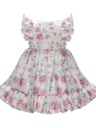 Baby Floral Print Butterfly Sleeve Ruffle Hem Satin Gown Dress SHE