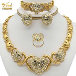 Indian Bride Heart Xoxo Jewelery Sets Gold Necklace Rings Bracelet Earring Set For Women Dubai Wedding Party Jewellery Trendy H1022